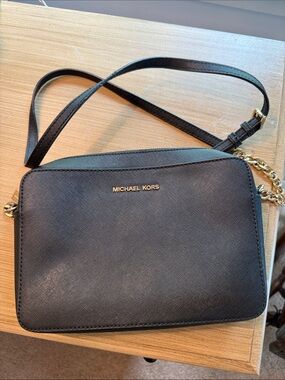 Michael Kors Black Saffiano Leather Crossbody with Gold Chain Trim